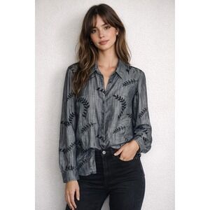 Soft Surroundings XS Gray Tencel Lyocell Embroidered Leaf Button Down Shirt